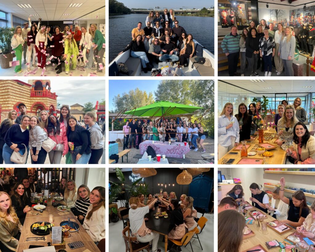 Collage van 9 teamfoto's van de teamuitjes van collega's van My Jewellery. Ze zijn verschillende activiteiten aan het doen en ze kijken lachend naar de camera