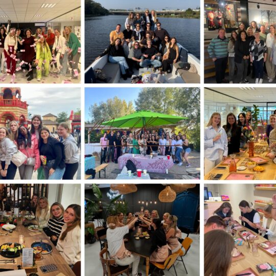 Collage of 9 team photos from My Jewellery team outings. They are doing different activities and smiling at the camera.