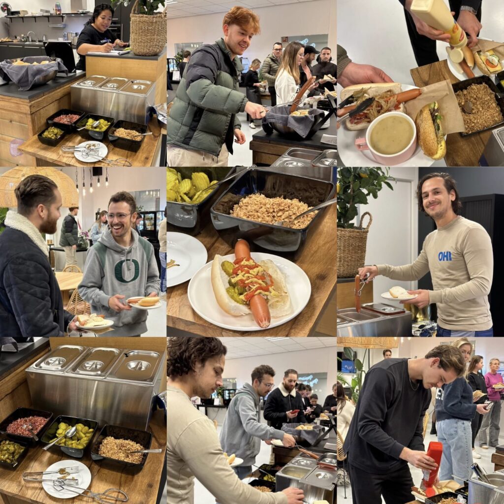 Collage van 9 foto's. Het zijn foto's van het 'Maak je eigen hotdog'-station op het My Jewellery Hoofdkantoor in 's-Hertogenbosch. Je ziet mannelijke collega's hun eigen hotdogs maken