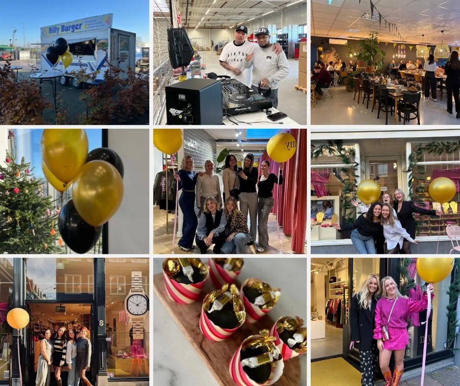 Collage van negen foto's. Het zijn foto's van het Golden Weekend bij My Jewellery en hoe dit gevierd wordt bij het Hoofdkantoor, My Warehouse en de Boutiques