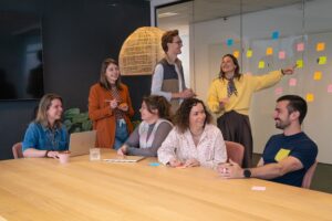 Groepsfoto van het Online Customer Experience team op het Hoofdkantoor van My Jewellery in 's-Hertogenbosch. Vier mensen zitten aan een tafel in een meetingruimte te overleggen. Daarachter staan drie collega's die naar post-its kijken die hangen op de glazen wand.
